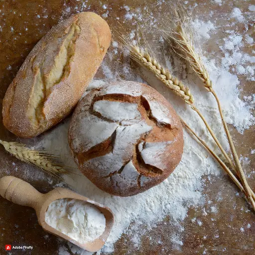 Du pain de la farine et du blé sur une table